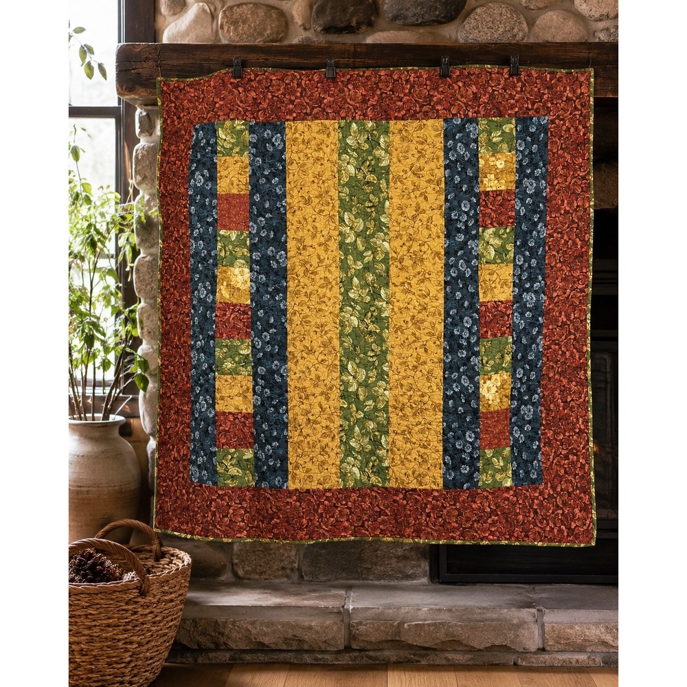 Handmade Patchwork Rustic Floral Quilt  Rust Gold Green Navy 50x50 Throw Blanket